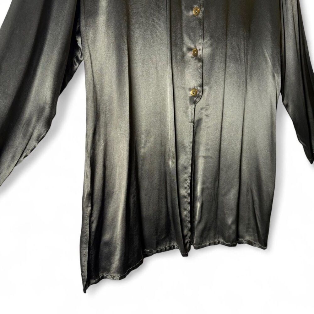 VTG 100% Rayon Olive Gunmetal Satin Button Oversized Blouse sz L / XL - Picture 9 of 9